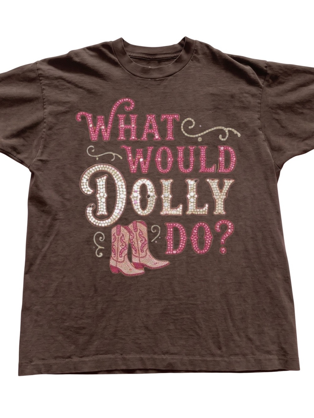 Brown Tee "What Would Dolly Do?" Pink and Cream Graphic, Gift For Her